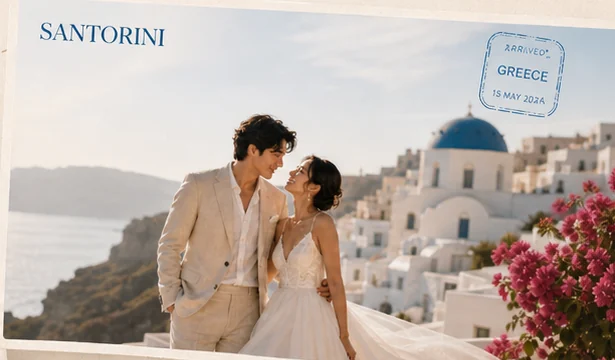Santorini cliffside wedding portrait