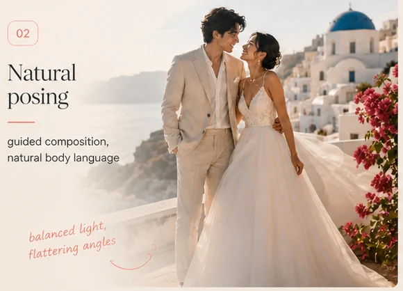Natural wedding pose in Santorini