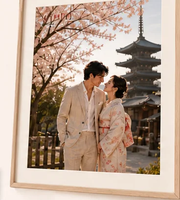 Framed Kyoto wedding portrait
